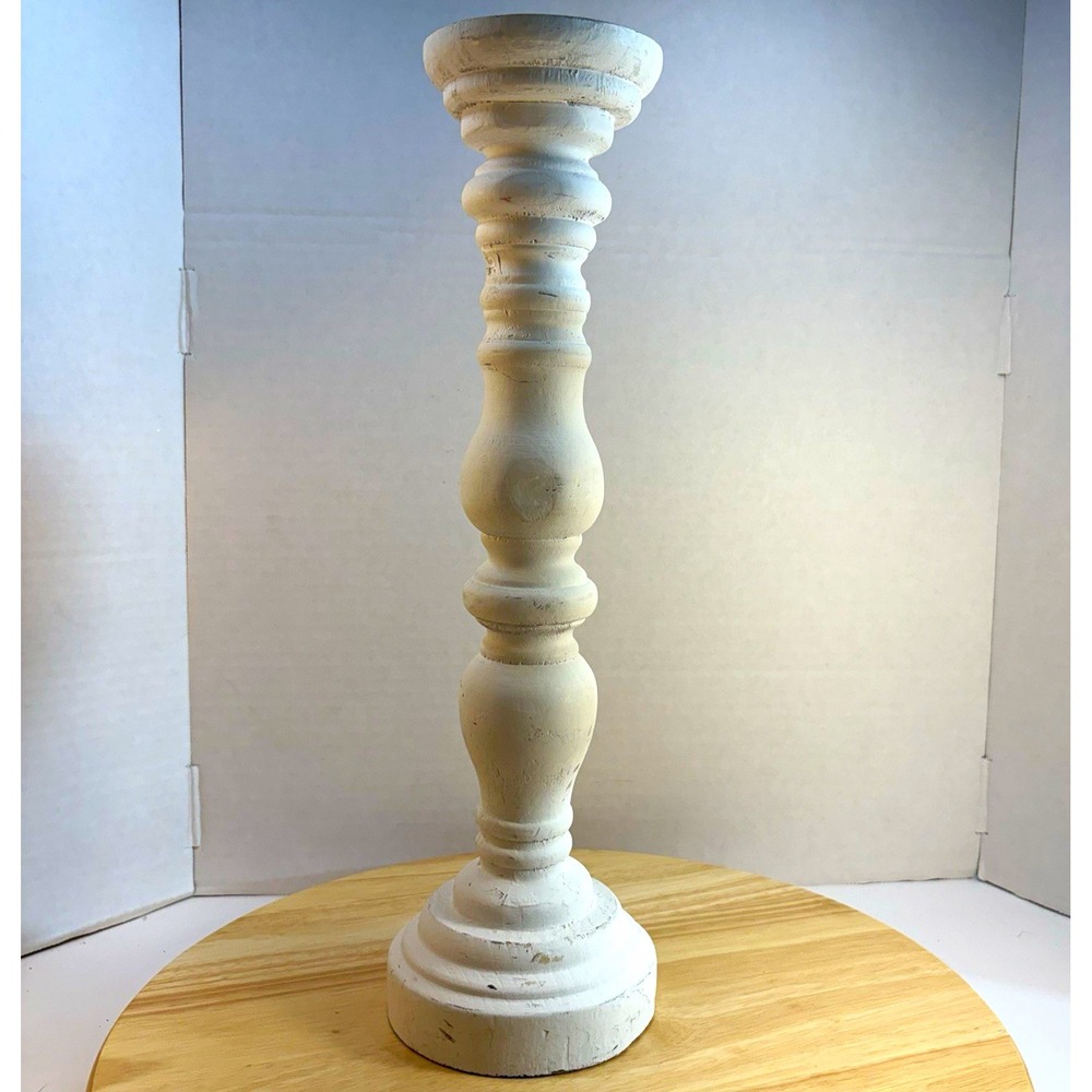 Hobby Lobby White Distressed Wood Farmhouse Pedestal Pillar Candle Holder 15.9in